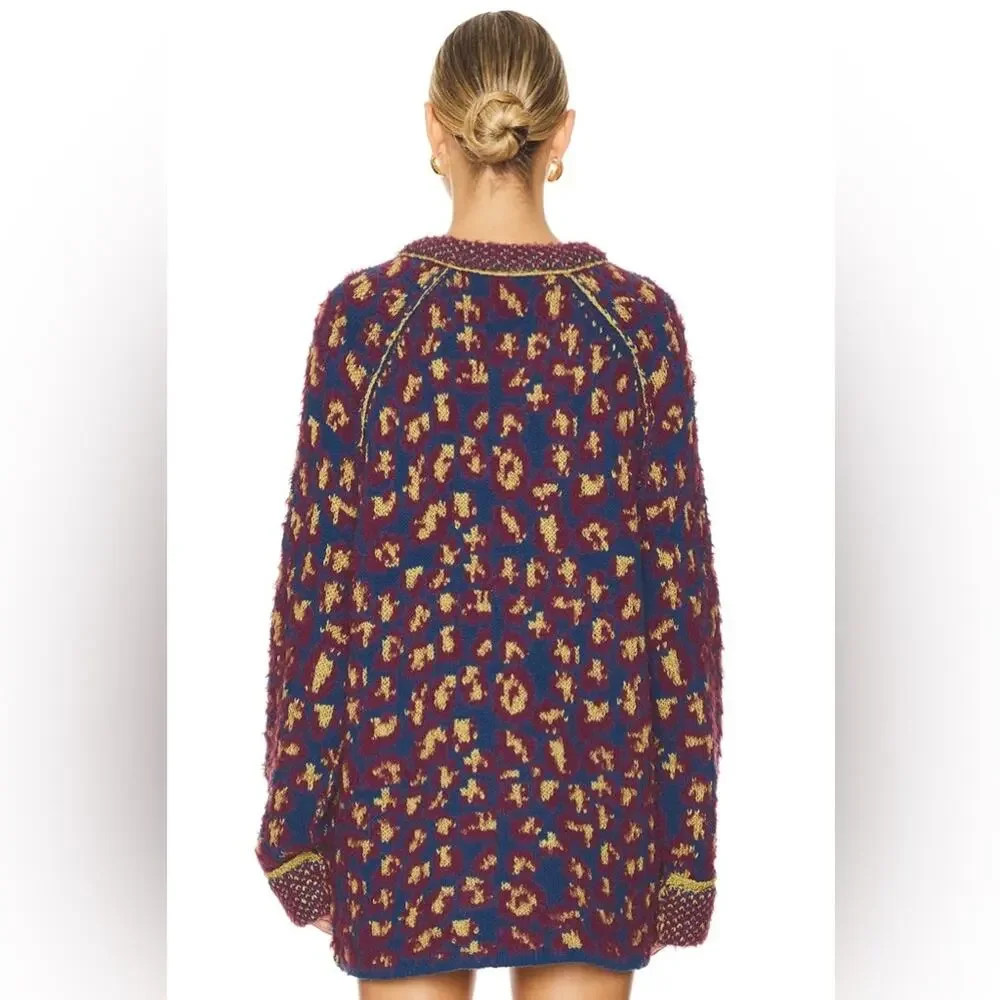 Free People Leopard Little Animal Pullover Crew Neck Sweater Blue Fig Combo XS